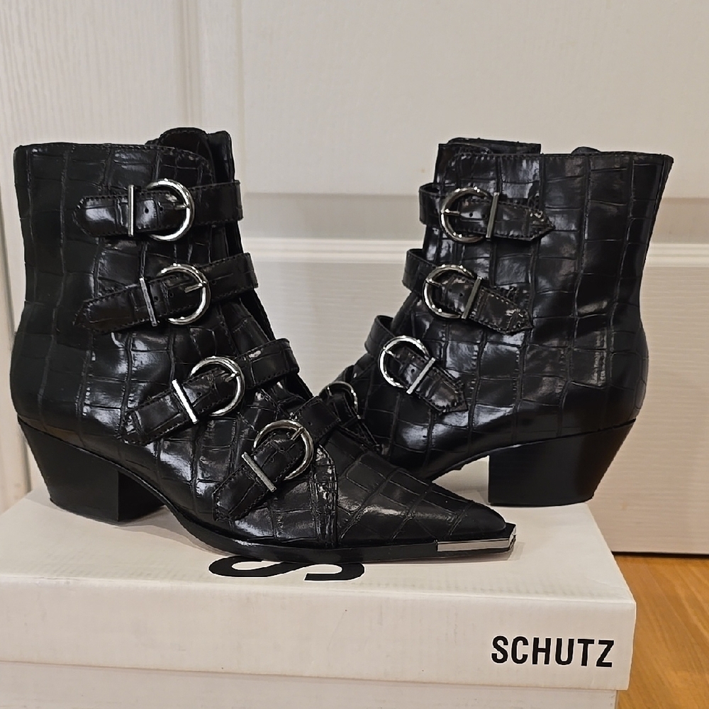 SCHUTZ Black Ankle Boots with Buckle Straps, Size 6.5 Wear Only 1 Time